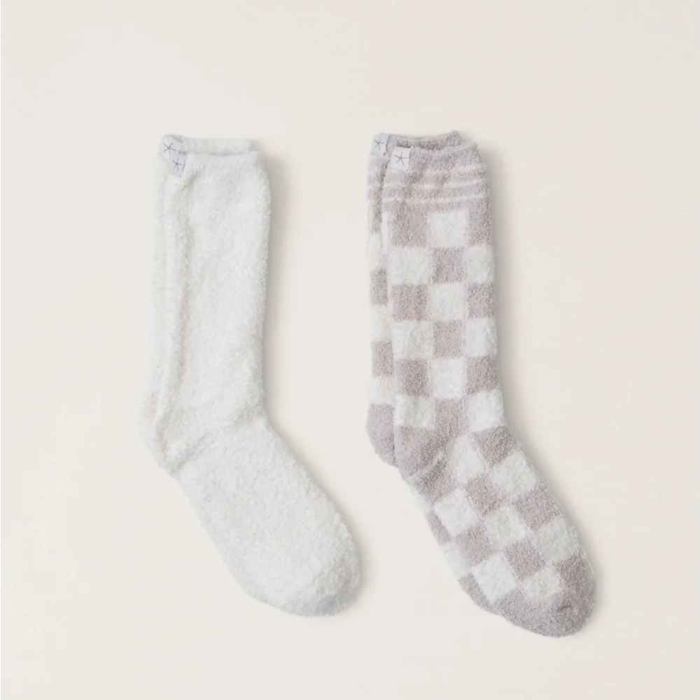 NWT Barefoot Dreams CozyChic checks &stripes 2 pack socks -stone multi